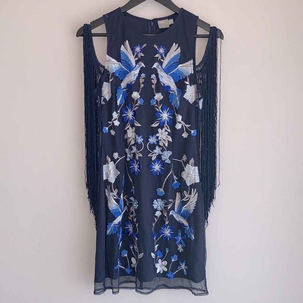 🖤 ASOS Beautiful Navy Blue Bird Flapper Dress Size 8 🖤